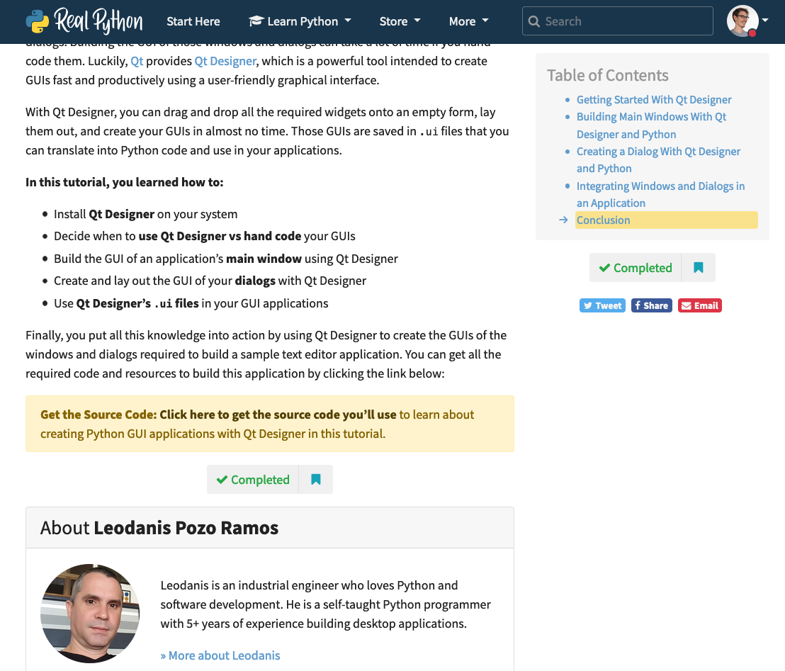 Real Python article bookmarks and completion status