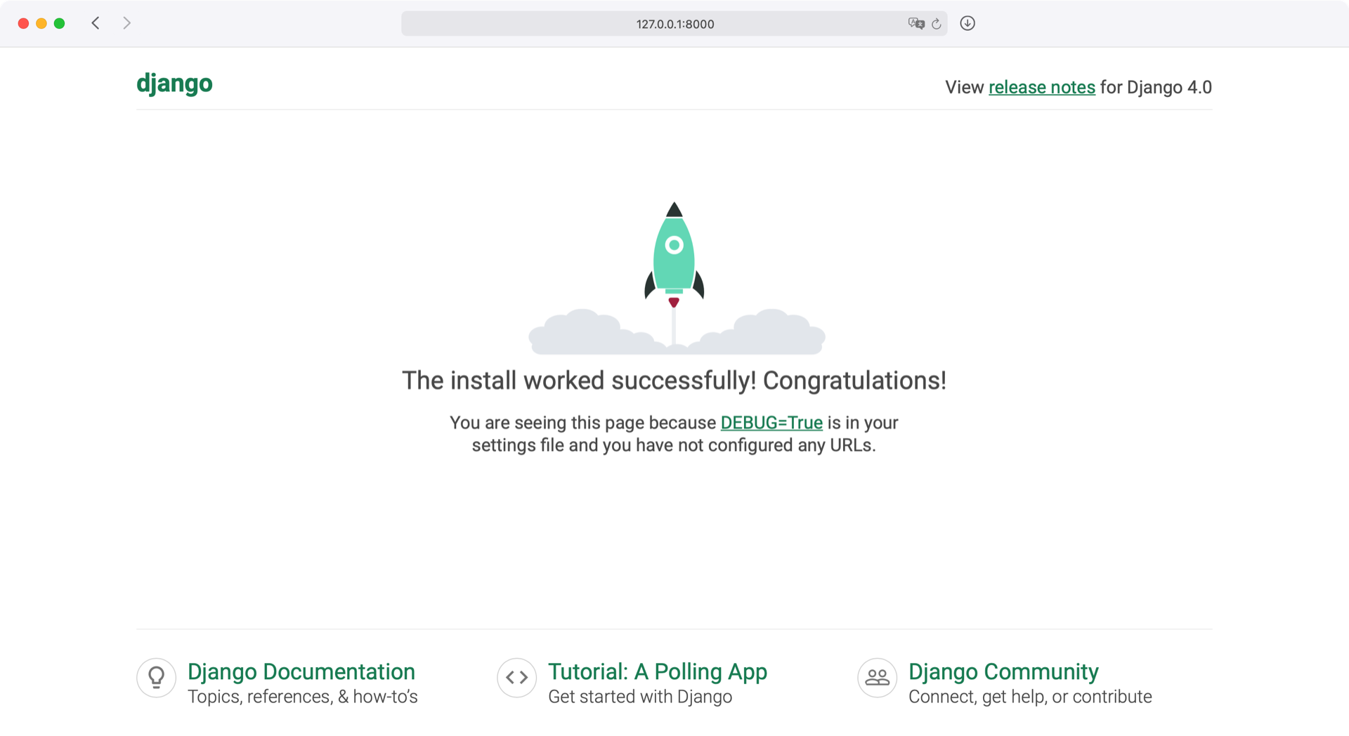 Screenshot showing the Django "Hello World" page