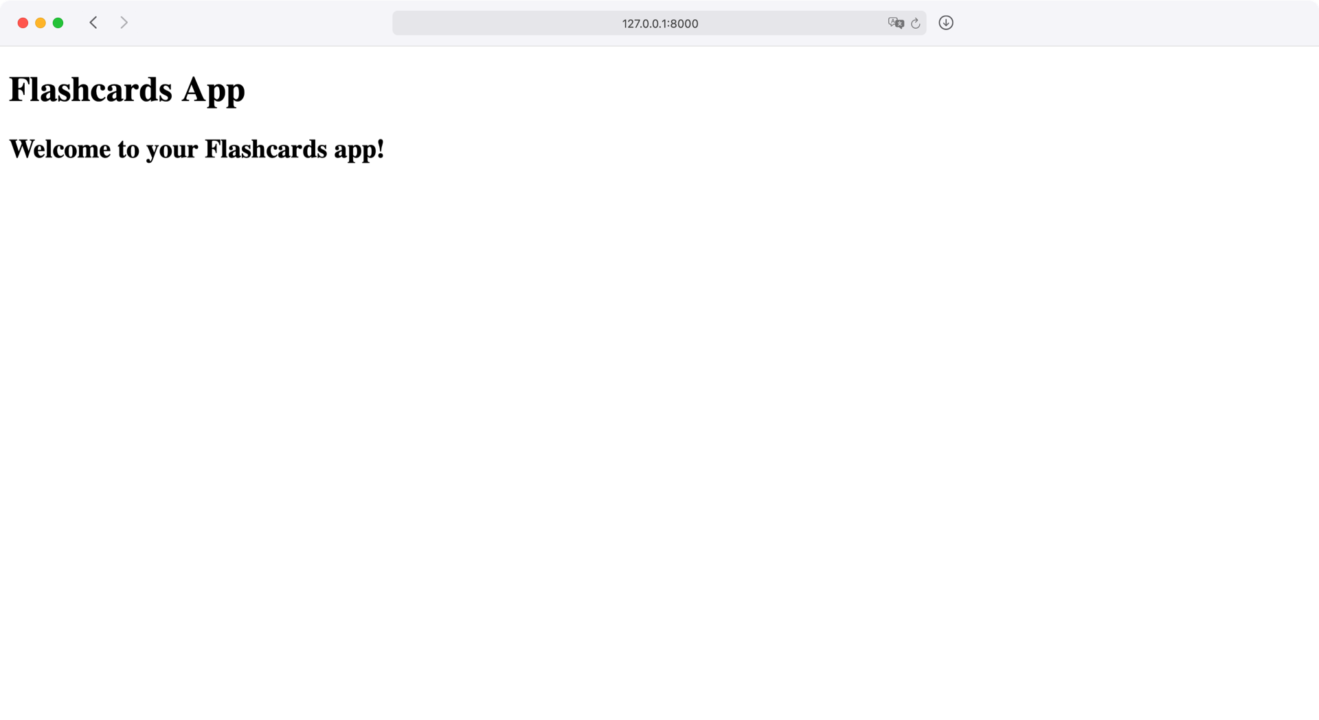 Screenshot showing the usntyled landing page of your flashcards app