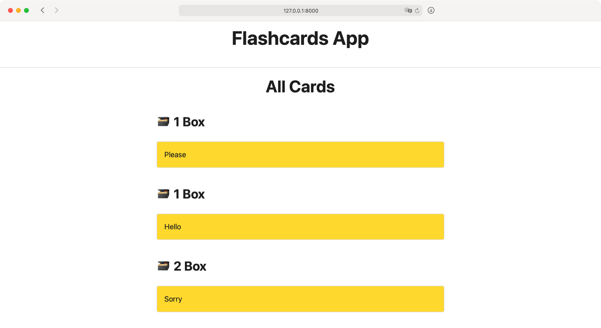 Screenshot showing your flashcards app with repeating box headlines