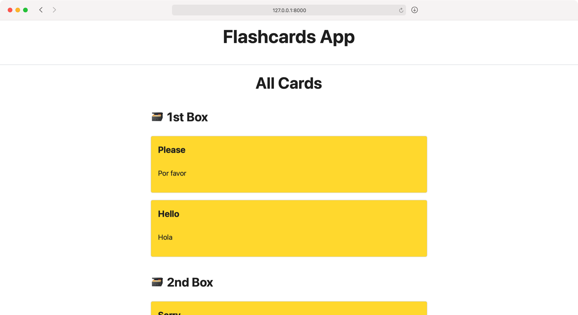 Screenshot showing your flashcards app with one headline per box