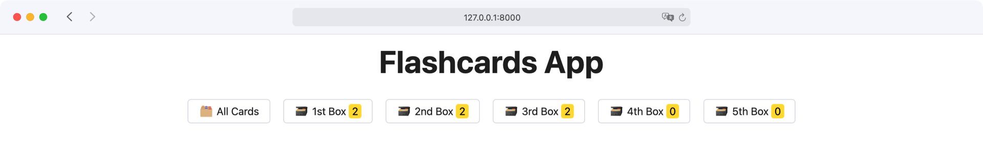 Screenshot showing your flashcards app with a navigation menu