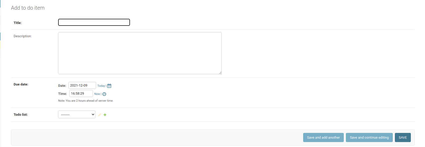 Djkango admin form for adding a todo item