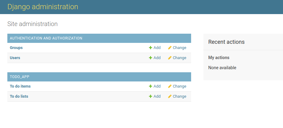Landing page of the Django admin application for todo list project