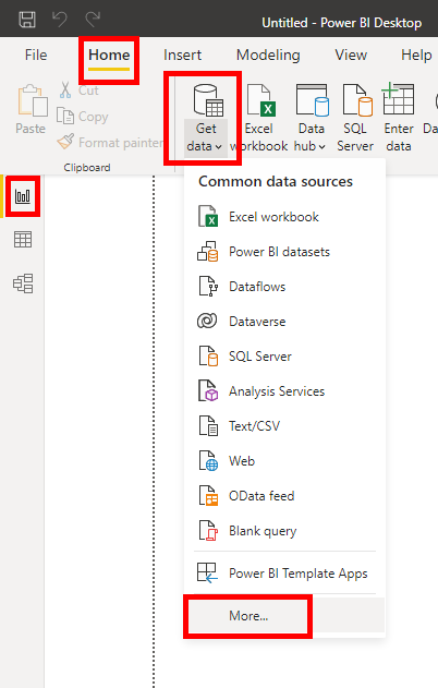 Get Data Menu in Power BI Desktop
