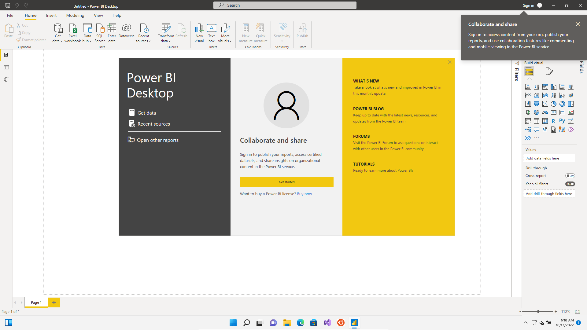 The Welcome Screen in Power BI Desktop