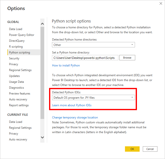 Python IDE Options in Power BI Desktop