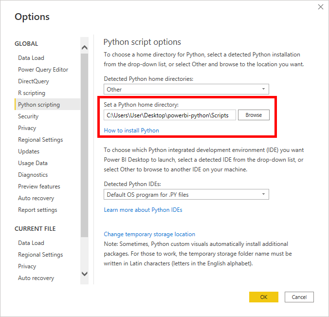 Python Options in Power BI Desktop