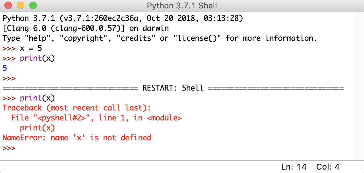 The result of executing some code in the IDLE shell, and then restarting the shell. The shell no longer knows about anything that happening in its previous state.