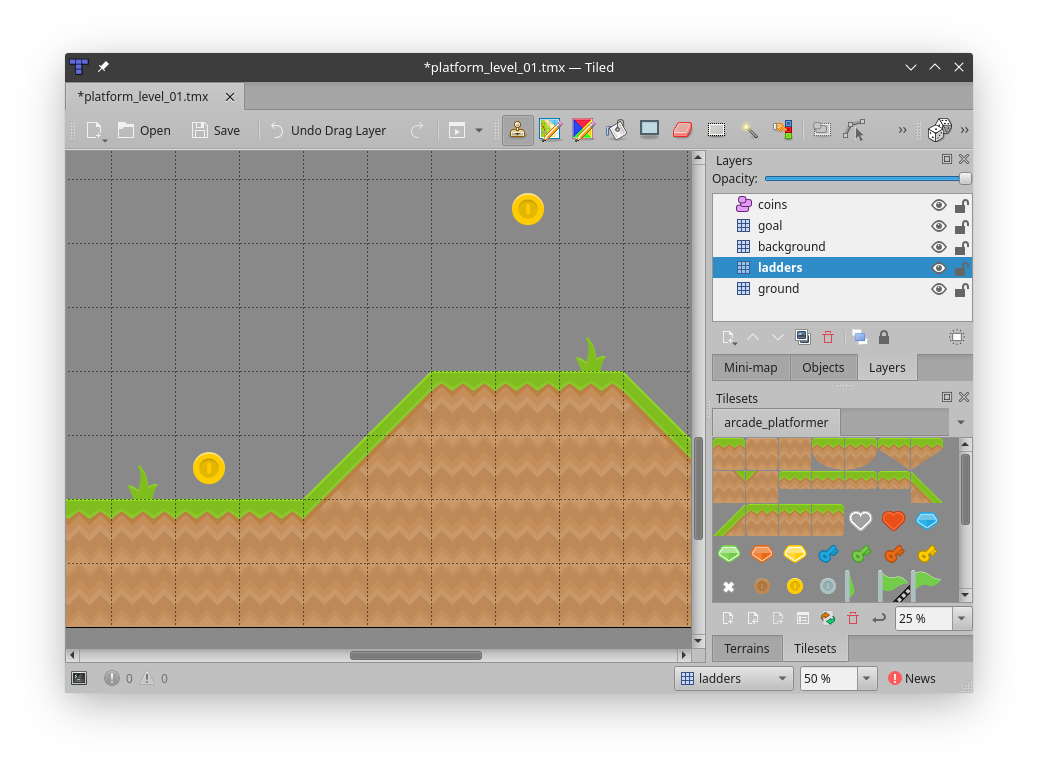 Placing gold coin objects on the level in Tiled
