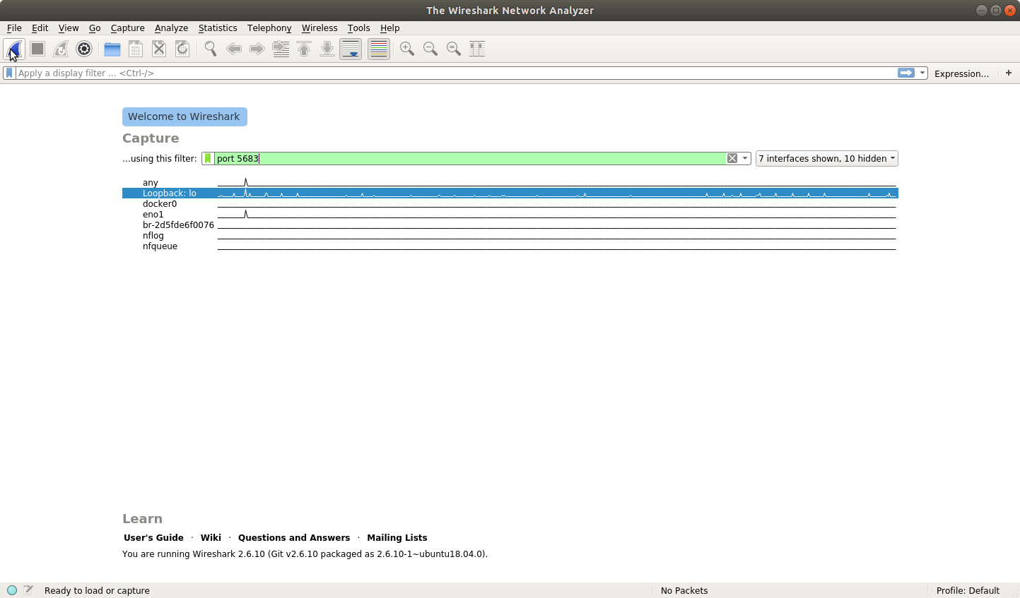 Wireshark with loopback and port filtering clicked