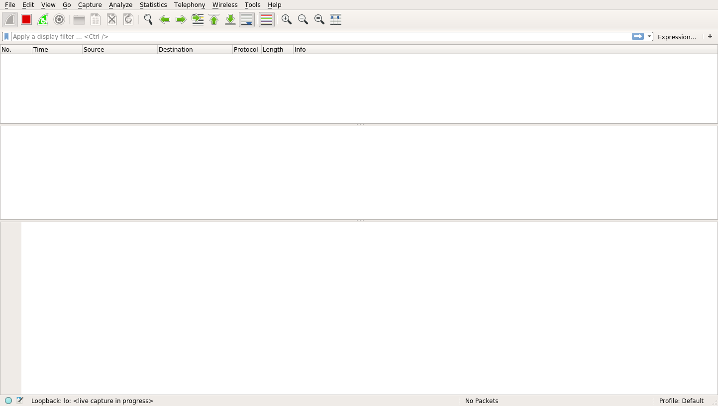 Wireshark's capture page with nothing captured